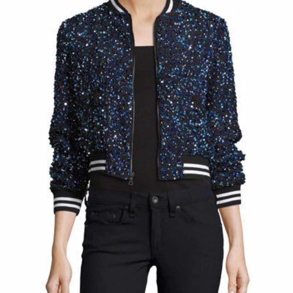 Alice + Olivia Lonnie Sequin Bomber Jacket Size XS